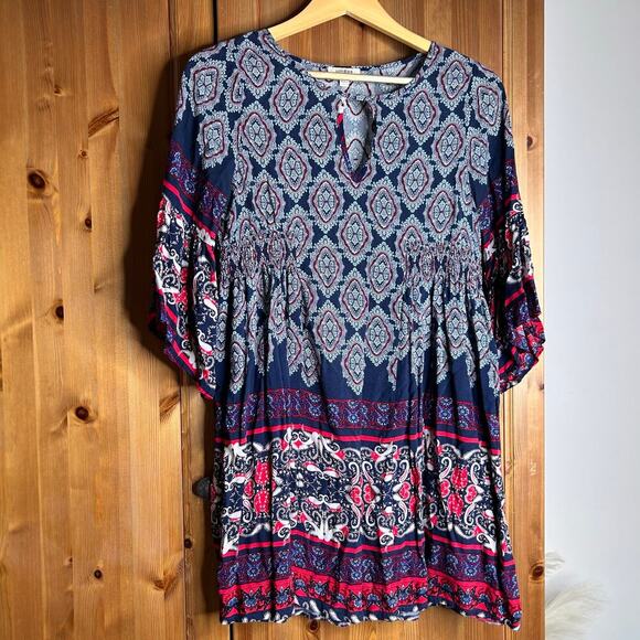 Umgee Bell Sleeve Keyhole Dress Mini Blue Red Women’s Small Hippie 70s Boho - Picture 2 of 8